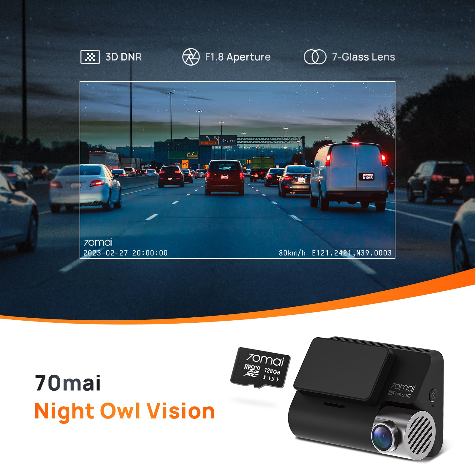 70Mai 4K Dash Cam A800S With Sony Imx415, Front And Rear,With Free 128Gb Sd Card, Built In Gps, Super Night Vision, 3'' Ips Lcd,